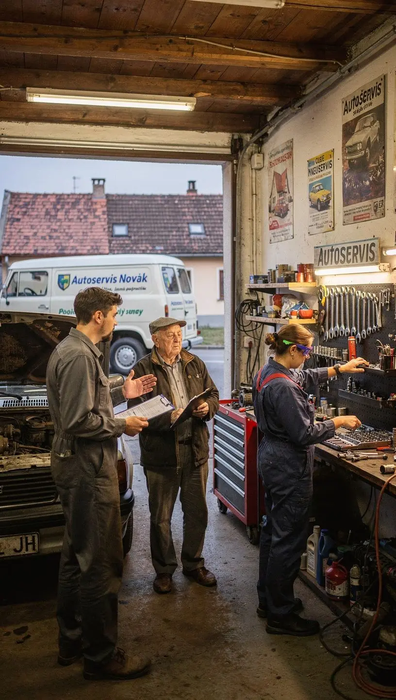 Mobilný technik vykonávajúci predbežnú diagnostiku auta priamo pri zákazníkovi na parkovisku.