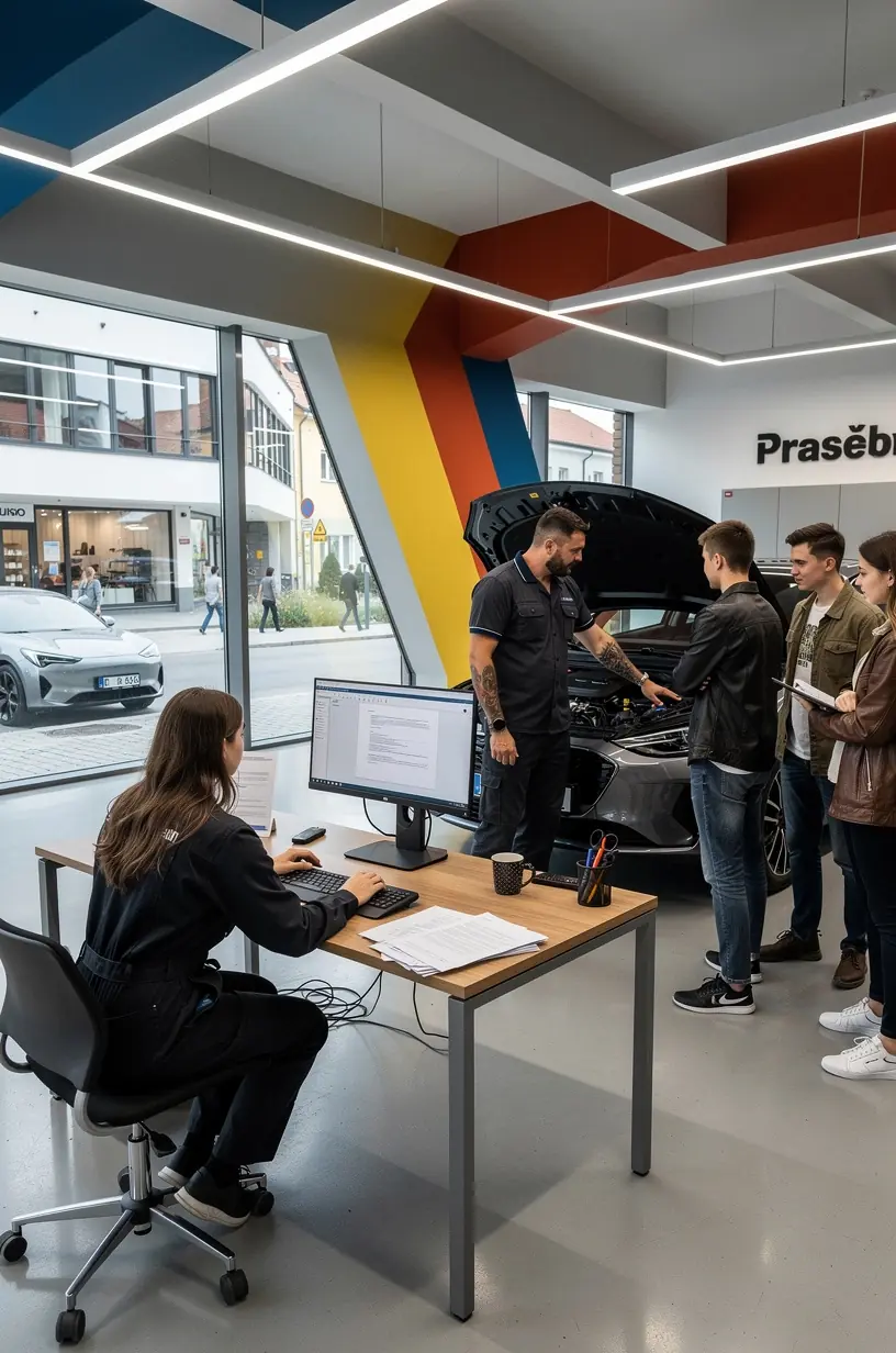 Zákazník konzultuje s odborníkom výsledky mobilnej pred-diagnostiky a plán opravy auta.
